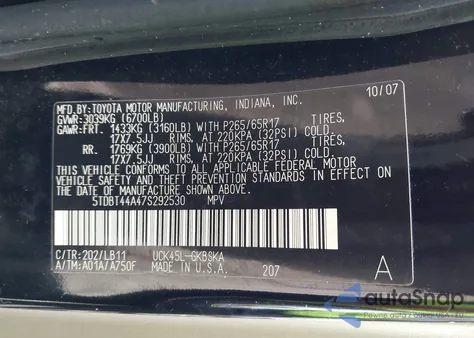 2007 Toyota Sequoia Sr5 V8 from USA, damaged, VIN 5TDBT44A47S292530
